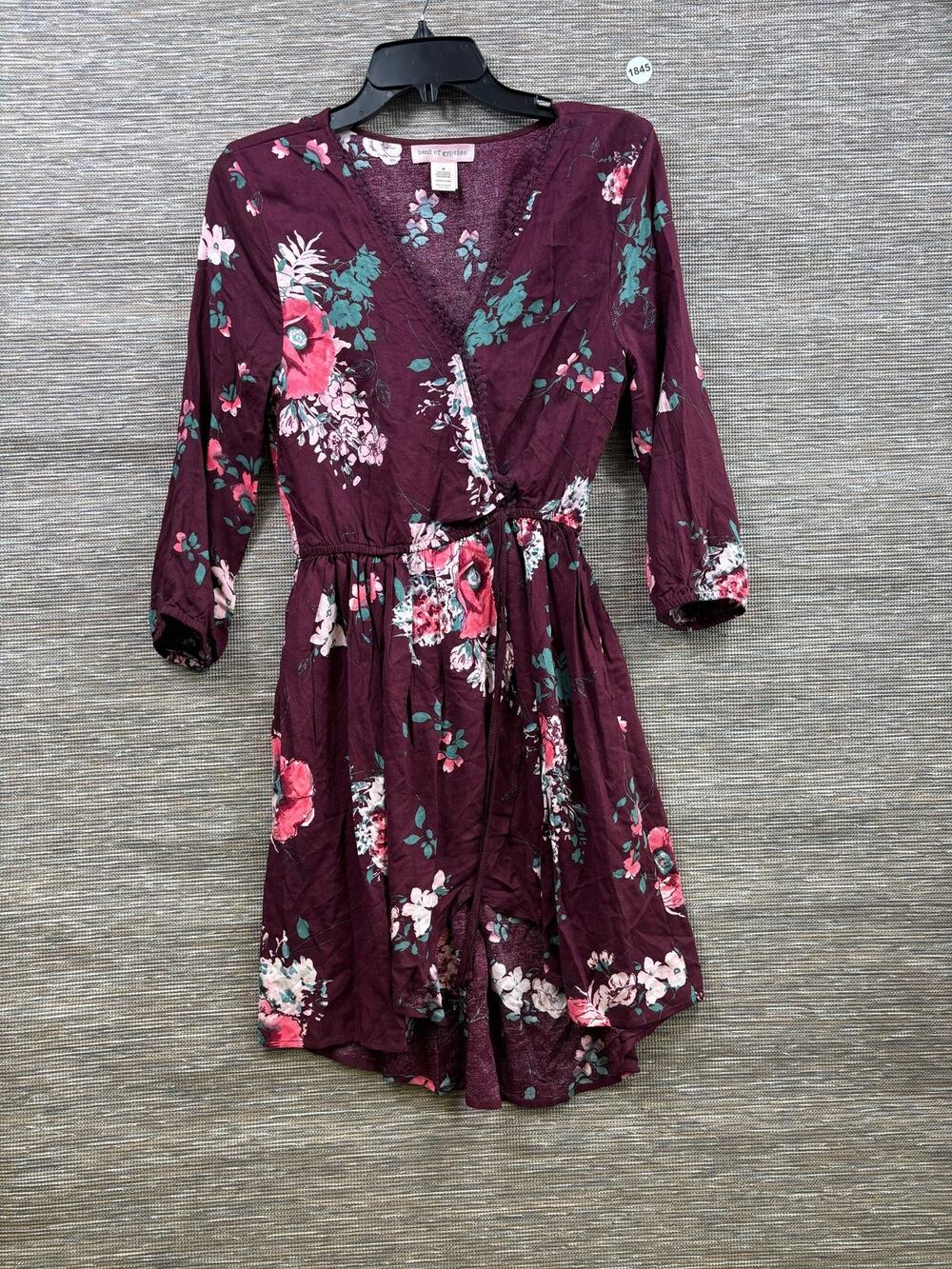 Band Of Gypsies Wrap Dress Womens Size M Purple Floral 3/4 Sleeve Boho Belted
